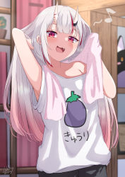 Rule 34 | 1girl, :3, absurdres, armpit crease, arms up, bare shoulders, breasts, fang, hand in own hair, highres, hololive, horns, indoors, looking at viewer, medium hair, multicolored hair, nakiri ayame, open mouth, red eyes, shikimiru, small breasts, smile, smug, standing, straight hair, tank top, towel, virtual youtuber, white hair