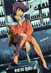 Rule 34 | 1girl, absurdres, bar (place), bartender, black vest, cigarette, collared shirt, highres, jill stingray, long hair, long sleeves, looking at viewer, namedr, necktie, pencil skirt, purple hair, red eyes, red necktie, shirt, skirt, smoking, solo, twintails, va-11 hall-a, vest, white shirt