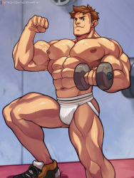 Rule 34 | 1boy, abs, alex (stardew valley), alternate pectoral size, bara, biceps, brown hair, bulge, dolphin shorts, dumbbell, exercising, flexing, foot out of frame, jimsdaydreams, jockstrap, large pectorals, male focus, male underwear, muscular, muscular male, navel, nipples, pectorals, short hair, shorts, sideburns, solo, stardew valley, stomach, thick thighs, thighs, underwear, underwear only, weightlifting, white male underwear