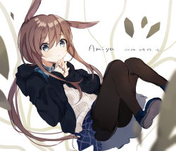 Rule 34 | 1girl, amiya (arknights), animal ears, arknights, black jacket, black pantyhose, blue footwear, blue skirt, brown hair, character name, commentary request, dated, figmnts, floating, full body, grey eyes, hood, hooded jacket, jacket, jewelry, light blush, long hair, looking at viewer, multiple rings, open clothes, open jacket, own hands together, pantyhose, parted lips, plaid, plaid skirt, rabbit ears, ribbed sweater, ring, shoe soles, skirt, solo, sweater, white background, white sweater