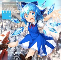 Rule 34 | 1girl, :d, album cover, arms up, bad source, blue dress, blue eyes, blue hair, blue sky, boots, bow, breasts, brown footwear, circle name, cirno, cover, day, dress, english text, flying, foreshortening, forest, girls logic observatory, gradient sky, hair between eyes, hair bow, highres, looking at viewer, mountainous horizon, nature, neck ribbon, open hands, open mouth, outdoors, outstretched arms, pinafore dress, pine tree, puffy short sleeves, puffy sleeves, red ribbon, ribbon, shirt, short hair, short sleeves, sky, sleeveless, sleeveless dress, small breasts, smile, snow, solo, sparkle, spread arms, spread legs, teeth, torii, touhou, tree, umagenzin, upper teeth only, white shirt, wings