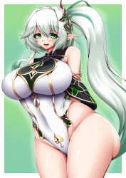 Rule 34 | 1girl, :d, absurdres, aged up, alternate breast size, arms behind back, bare shoulders, blush, breasts, commentary request, covered navel, cowboy shot, genshin impact, gold trim, gradient hair, green background, green eyes, green hair, hair between eyes, hair ornament, highres, huge breasts, impossible clothes, impossible leotard, kiramashi (satsujinki), leotard, long hair, looking at viewer, multicolored hair, nahida (genshin impact), open mouth, pointy ears, skindentation, smile, solo, standing, symbol-shaped pupils, teeth, thick thighs, thighs, two-tone hair, upper teeth only, very long hair, white hair, wide hips