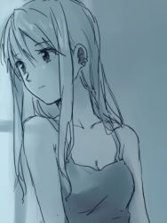 Rule 34 | 1girl, bare arms, bare shoulders, blue theme, earrings, expressionless, fullmetal alchemist, jewelry, long hair, looking away, lowres, monochrome, riru, simple background, solo, solo focus, winry rockbell