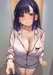 Rule 34 | 1girl, 1other, blush, breasts, brown eyes, cleavage, collarbone, elder cousin (igarashi kyouhei), fisheye, from above, hair behind ear, highres, igarashi kyouhei, indoors, large breasts, light smile, looking at viewer, medium hair, original, parted lips, pov, purple hair, shirt, solo focus, white shirt