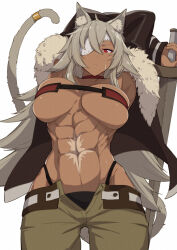 Rule 34 | 1girl, abs, animal ear fluff, animal ears, arms up, bandeau, belt, black jacket, black panties, breasts, cat ears, cat girl, cat tail, cleavage, closed mouth, cluseller, commentary, cowboy shot, crossed arms, dark-skinned female, dark skin, expressionless, eyepatch, facial scar, fur-trimmed jacket, fur trim, ghislaine dedoldia, green pants, grey hair, hair between eyes, holding, holding sword, holding weapon, jacket, large breasts, long hair, looking at viewer, muscular, muscular female, mushoku tensei, navel, obliques, one-eyed, open belt, open clothes, open jacket, open pants, panties, pants, red bandeau, red eyes, revealing clothes, scar, scar on cheek, scar on face, scar on stomach, sidelocks, simple background, skindentation, solo, standing, stomach, sword, tail, tail ornament, tail ring, underwear, weapon, white background