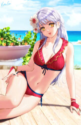 Rule 34 | 1girl, arm support, artist name, bikini, blue sky, breasts, cleavage, cloud, collarbone, commentary, day, esther shen, fire emblem, fire emblem: radiant dawn, fire emblem heroes, flower, hair flower, hair ornament, hibiscus, long hair, looking at viewer, medium breasts, micaiah (fire emblem), micaiah (summer) (fire emblem), navel, nintendo, official alternate costume, parted lips, pink lips, red bikini, sitting, sky, solo, stomach, swimsuit, thighs, very long hair, water, white flower, white hair, yellow eyes
