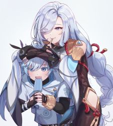 Rule 34 | 1boy, 1girl, aunt and nephew, black gloves, blue eyes, blue hair, braid, chongyun (genshin impact), commentary, embarrassed, eyes visible through hair, fang, fingerless gloves, food, genshin impact, gloves, hair over one eye, hands on another&#039;s head, highres, hip vent, light blue hair, long hair, oiyo 1, open mouth, partially fingerless gloves, popsicle, purple eyes, shenhe (genshin impact), simple background, smile, sweatdrop, symbol-only commentary, very long hair, white background, wide sleeves