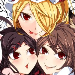 Rule 34 | 3girls, :p, animal ears, bare shoulders, blonde hair, brown hair, cat ears, cheek-to-cheek, chen, close-up, enami hakase, flandre scarlet, hair ornament, hair over one eye, hairclip, hat, heads together, inaba tewi, lipstick, lowres, makeup, multiple girls, rabbit ears, short hair, side ponytail, simple background, tongue, tongue out, touhou, wings