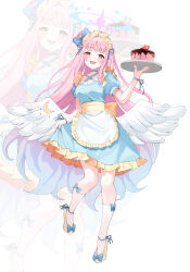 Rule 34 | 1girl, angel wings, blue archive, blue dress, blush, breasts, cake, cleavage, doka l, dress, feathered wings, food, full body, hair bun, halo, highres, holding, holding tray, large breasts, long hair, looking at viewer, mika (blue archive), open mouth, pink hair, pink halo, puffy short sleeves, puffy sleeves, shoes, short sleeves, single side bun, smile, socks, solo, tray, white socks, white wings, wings, yellow eyes, yellow footwear