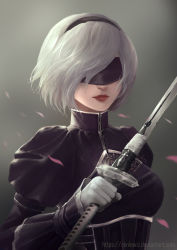 Rule 34 | 1girl, 2b (nier:automata), absurdres, android, arm up, artist name, black blindfold, black dress, black hairband, blindfold, blue eyes, breasts, cherry blossoms, cleavage cutout, clenched hand, closed mouth, clothing cutout, commentary, cosplay, covered eyes, deviantart username, dres, dress, facing viewer, gloves, grey background, grey gloves, grey hair, hair over one eye, hairband, highres, holding, holding sword, holding weapon, joints, juliet sleeves, katana, lewiz ren, lips, long sleeves, looking at viewer, medium breasts, mole, mole under mouth, nier:automata, nier (series), nose, petals, pink lips, pink petals, puffy sleeves, red lips, robot joints, short hair, signature, solo, sword, turtleneck, turtleneck dress, upper body, vambraces, watermark, weapon, web address, white gloves, zipper