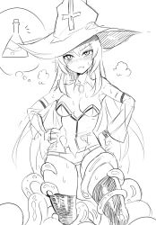 Rule 34 | 1girl, absurdres, artist request, breasts, character request, detached sleeves, hands on own hips, hat, highres, large breasts, long hair, monochrome, nian (witch), pointy ears, potion, sketch, speech bubble, sweat, tentacles, witch, witch hat