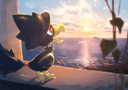 Rule 34 | bird, blurry, bright pupils, cloud, commentary request, creatures (company), day, from behind, game freak, gen 2 pokemon, highres, murkrow, nintendo, no humans, ohdon, open mouth, outdoors, pokemon, pokemon (creature), red eyes, ship, signature, sky, solo, sun, sunset, watercraft, white pupils