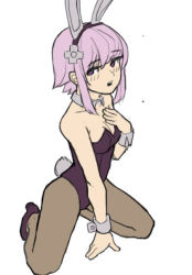 Rule 34 | animal ears, blush, breasts, choujigen game neptune, cleavage, colorized, detached collar, donburi (donburikazoku), fake animal ears, hairband, hand on own chest, high heels, kneeling, leotard, neptune (neptunia), neptune (series), pantyhose, playboy bunny, purple eyes, purple hair, rabbit ears, rabbit tail, shoes, simple background, solo, tail, white background, wrist cuffs