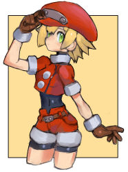 Rule 34 | 1girl, adjusting clothes, adjusting headwear, alternate hairstyle, belt, bike shorts, bike shorts under shorts, blonde hair, breasts, brown gloves, cabbie hat, commentary request, covered navel, dakusuta, gloves, green eyes, hat, highres, mega man (series), mega man legends (series), red hat, red shorts, roll caskett (mega man), short hair, short sleeves, shorts, small breasts, solo, yellow background