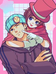 Rule 34 | 1boy, 1girl, :p, ace attorney, apollo justice: ace attorney, beanie, beard stubble, blue eyes, border, brown hair, cape, commentary request, facial hair, father and daughter, gloves, grey hoodie, grid background, hat, highres, hood, hoodie, one eye closed, outside border, phoenix wright, pink border, ragi (od6fine), red cape, simple background, star (symbol), stubble, tongue, tongue out, top hat, trucy wright, white gloves