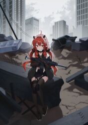 Rule 34 | 1girl, animal ears, blush, building, car, cat ears, choker, city, cloud, cloudy sky, commission, crack, fake animal ears, garter straps, gloves, gun, hair ornament, hair scrunchie, hairband, headset, highres, holding, holding gun, holding weapon, long hair, looking to the side, low twintails, midriff, military, motor vehicle, original, pleated skirt, pointy ears, power lines, red eyes, red hair, ringlets, rubble, ruins, scrunchie, shirt, shoes, sitting, skirt, sky, sleeveless, sleeveless shirt, sneakers, solo, thighhighs, twintails, very long hair, weapon, yampa