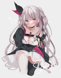 1girl asymmetrical_legwear black_choker black_sleeves black_thighhighs blush breasts choker closed_mouth dot_nose dress grey_background heart heart_necklace highres jewelry large_breasts long_sleeves mismatched_legwear multicolored_hair necklace original pink_eyes pink_hair ragi_(diabolik_angle) sample_watermark sleeves_past_wrists solo streaked_hair thighhighs twintails watermark white_thighhighs