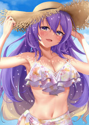 Rule 34 | 1girl, absurdres, arms up, bikini, breasts, cleavage, collarbone, colored tips, fang, floral print, frilled bikini, frills, gradient hair, hat, highres, holding, holding clothes, holding hat, hololive, hololive indonesia, kaigan, large breasts, light blush, looking at viewer, moona hoshinova, multicolored hair, navel, open mouth, purple hair, ribs, sky, smile, straw hat, sun hat, swimsuit, upper body, virtual youtuber, yellow eyes