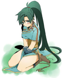 Rule 34 | 1girl, :t, angry, between thighs, blush, boots, embarrassed, fire emblem, fire emblem: the blazing blade, green eyes, green hair, high ponytail, kuromani, long hair, lyn (fire emblem), matching hair/eyes, nintendo, ponytail, pout, seiza, sitting, solo, v arms