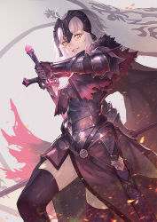 Rule 34 | 1girl, ahoge, armor, armored dress, belt, black armor, black dress, black thighhighs, breasts, cape, chain, dress, embers, fate/grand order, fate (series), flag, fur-trimmed cape, fur collar, fur trim, gauntlets, grin, headpiece, highres, jeanne d&#039;arc (fate), jeanne d&#039;arc alter (avenger) (fate), jeanne d&#039;arc alter (fate), kazuki seto, large breasts, plackart, polearm, short hair, silver hair, smile, solo, sword, thighhighs, thighs, weapon, yellow eyes