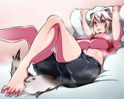 Rule 34 | 10s, 1girl, animal ears, badger ears, badger tail, bike shorts, breasts, brown eyes, female focus, frown, kanta (k n t r o), killing bites, large breasts, lying, on back, pillow, plump, short hair, silver hair, solo, steam, sweat, tail, thighs, underboob, uzaki hitomi