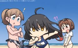 Rule 34 | !, !?, 3girls, ahoge, beach, bikini, black hair, blue eyes, blue one-piece swimsuit, blue sky, breasts, brown eyes, brown hair, clothes pull, clothes theft, clothes writing, commentary, cowboy shot, crescent, dated, day, eyewear on head, flat chest, hairband, hamu koutarou, highres, intrepid (kancolle), kantai collection, large breasts, long hair, medium breasts, mikazuki (kancolle), multiple girls, name tag, natori (kancolle), one-piece swimsuit, outdoors, ponytail, sarong, school swimsuit, shirt, shirt pull, short hair, sky, sparkle, sunglasses, swimsuit, swimsuit theft, t-shirt, theft, topless, translated, white hairband, x navel
