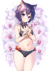 Rule 34 | 1girl, animal ear fluff, animal ears, bare arms, bare shoulders, bikini, black bikini, blush, bow, breasts, cat ears, cat girl, cleavage, closed mouth, collarbone, commentary request, commission, cowboy shot, floral background, flower, gluteal fold, halterneck, looking at viewer, mauve, medium breasts, nail polish, navel, original, pixiv commission, purple eyes, purple hair, short hair, small breasts, smile, solo, stomach, striped, swimsuit, thigh gap