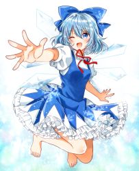 Rule 34 | 1girl, barefoot, blue bow, blue dress, blue eyes, blue hair, blush, bow, cirno, collared shirt, dress, fairy, full body, hair between eyes, hair bow, ice, ice wings, okawa friend, one eye closed, open mouth, puffy short sleeves, puffy sleeves, shirt, short hair, short sleeves, smile, solo, touhou, white shirt, wings
