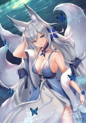 Rule 34 | 1girl, animal ear fluff, animal ears, arm up, azur lane, bare shoulders, blue dress, blue eyes, bracelet, breasts, bug, butterfly, choker, cleavage, dress, feather boa, fox ears, fox girl, fox tail, hair ornament, highres, insect, jewelry, kitsune, kyuubi, large breasts, large tail, long hair, looking at viewer, multiple tails, parted lips, shimotsuki shio, shinano (azur lane), shinano (dreams of the hazy moon) (azur lane), silver hair, sleeveless, sleeveless dress, solo, spaghetti strap, standing, tail, two-tone dress, very long hair