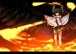 Rule 34 | 1girl, alternate weapon, arm cannon, bad id, bad pixiv id, black hair, bow, calpish, cape, female focus, fire, hair bow, letterboxed, long hair, lava, pyrokinesis, reiuji utsuho, solo, sword, third eye, touhou, weapon, wings