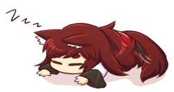 Rule 34 | 1girl, animal ears, brown hair, chibi, dress, closed eyes, full body, imaizumi kagerou, long hair, long sleeves, lying, on stomach, sleeping, solo, tail, touhou, white background, wolf ears, wolf tail, wool (miwol), zzz