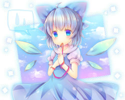 Rule 34 | 1girl, blue dress, blue eyes, blue hair, blush, bow, cirno, coa (chroo x), dress, hair bow, ice, ice wings, looking at viewer, matching hair/eyes, mouth hold, puffy sleeves, ribbon, ribbon in mouth, shirt, short sleeves, solo, touhou, wings