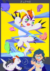 Rule 34 | 1boy, absurdres, cellphone, claws, crests (digimon), digimon, digimon (creature), digimon adventure: (2020), fish, glasses, gomamon, highres, kido jo, phone