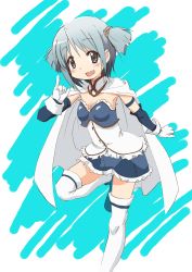 Rule 34 | 10s, 1girl, :d, alternate hairstyle, armband, blue eyes, blue hair, cape, cosplay, cube hair ornament, gloves, hair ornament, highres, magical girl, mahou shoujo madoka magica, mahou shoujo madoka magica (anime), matching hair/eyes, miki sayaka, miki sayaka (cosplay), naganohara mio, nichijou, open mouth, satoda shouji, short hair, short twintails, simple background, smile, solo, thighhighs, twintails, zettai ryouiki