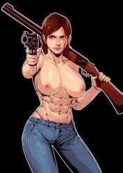 Rule 34 | 1girl, abs, absurdres, aged up, alternate breast size, black background, blood, blood on face, blue pants, breasts, brown hair, cirenk, cleavage, collarbone, commentary, commission, covered erect nipples, dark background, denim, dual wielding, ellie (the last of us), english commentary, finger on trigger, fingernails, green eyes, gun, handgun, highleg, highleg panties, highres, holding, holding gun, holding weapon, injury, jeans, large breasts, lips, medium hair, midriff, navel, nipples, no shirt, nose, outline, over shoulder, panties, pants, pistol, red panties, revolver, second-party source, shotgun, simple background, solo, the last of us, the last of us (series), the last of us 2, topless, underwear, weapon, weapon over shoulder, white outline