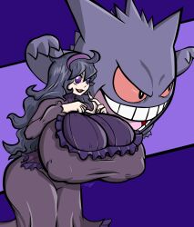 Rule 34 | 1girl, @ @, absurdres, ahoge, breasts, covered erect nipples, creatures (company), curvy, djthepokemen, dress, female focus, game freak, gen 1 pokemon, gengar, gigantic breasts, hex maniac (pokemon), highres, lipstick, makeup, matching hair/eyes, nail polish, nintendo, pokemon, pokemon xy, purple eyes, purple hair, skindentation, thick thighs, thighs, wide hips