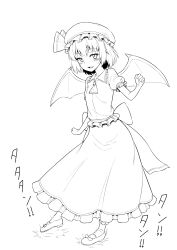 Rule 34 | 1girl, ascot, bat wings, bow, commentary request, footwear bow, frilled shirt, frilled skirt, frills, full body, greyscale, hat, hat ribbon, highres, kakone, looking at viewer, mob cap, monochrome, open mouth, remilia scarlet, ribbon, shirt, shoes, short hair, short sleeves, skirt, slit pupils, solo, touhou, wings