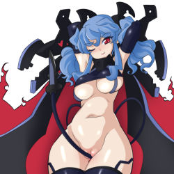 Rule 34 | 10s, 1girl, arms behind head, bottomless, breasts, busou shinki, cable, cable tail, doll joints, elbow gloves, gloves, highres, joints, large breasts, mechanical tail, pointy ears, red eyes, solo, tail, twintails, underboob, valona, wide hips, yaochou