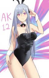 Rule 34 | 1girl, ak-12 (girls&#039; frontline), animal ears, breasts, character name, collarbone, cowboy shot, defy (girls&#039; frontline), fake animal ears, girls&#039; frontline, highres, leotard, long hair, looking at viewer, playboy bunny, purple eyes, rabbit ears, silver hair, simple background, solo, standing, talnory, thighs