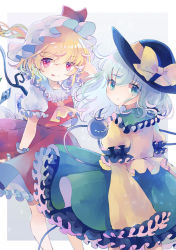 Rule 34 | 2girls, :p, arm behind head, arm up, blonde hair, blue eyes, blue hair, bow, commentary request, flandre scarlet, frills, green skirt, hair between eyes, hat, hat bow, hat ribbon, highres, hiyuu (hiyualice), komeiji koishi, light blue hair, long sleeves, looking at viewer, multiple girls, red eyes, red ribbon, red skirt, red vest, ribbon, shirt, short hair, short sleeves, simple background, skirt, smile, string, tehepero, third eye, tongue, tongue out, touhou, vest, white headwear, wide sleeves, wings, wrist cuffs, yellow ribbon, yellow shirt