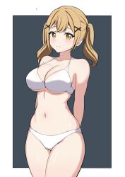 Rule 34 | 1girl, absurdres, arms behind back, bang dream!, bare arms, bare shoulders, bikini, blonde hair, blush, border, breasts, cameltoe, cleavage, cleft of venus, closed mouth, collarbone, commentary, cowboy shot, english commentary, grey background, hair ornament, halterneck, highres, ichigaya arisa, large breasts, looking at viewer, medium hair, mnkr98, navel, outside border, paid reward available, simple background, solo, stomach, swimsuit, twintails, underboob, white bikini, white border, x hair ornament, yellow eyes