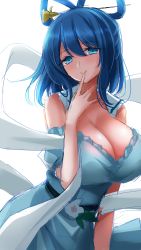 Rule 34 | 1girl, \||/, absurdres, adapted costume, blue dress, blue eyes, blue hair, breasts, cleavage, dress, finger to mouth, hair ornament, hair rings, hair stick, highres, hisin, huge breasts, kaku seiga, off-shoulder dress, off shoulder, shawl, simple background, solo, touhou, vest, white background, white vest