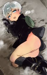 Rule 34 | 1boy, 9s (nier:automata), ass, black coat, black footwear, black gloves, blue eyes, blush, boots, bottomless, breath, cleft of venus, coat, cuntboy only, gloves, looking at viewer, lying, nier:automata, nier (series), on side, open mouth, pussy, pussy juice, reverse newhalf, short hair, silver hair, solo, tarakoutibiru, twitter username