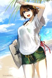 Rule 34 | 10s, 1girl, :d, alternate costume, arm up, bag, beach, breasts, brown hair, cloud, day, flipped hair, hair between eyes, hairband, headgear, hiei (kancolle), kantai collection, lansane, medium breasts, open mouth, outdoors, palm tree, sand, shirt, short hair, short sleeves, shorts, sky, smile, solo, tree, water, white shirt