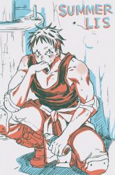 Rule 34 | 1boy, black tank top, bottle, clothes around waist, clothes down, colored tips, dorohedoro, english text, facial mark, full body, gonta (yu37av), highres, holding, holding bottle, hot, limited palette, looking at viewer, male focus, multicolored hair, no eyebrows, pants, pectoral cleavage, pectorals, risu (dorohedoro), solo, squatting, sweat, tank top, toned, toned male
