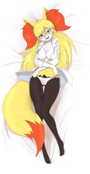 Rule 34 | 1girl, :3, absurdres, animal ear fluff, animal ears, animal nose, artist name, barefoot, black fur, blonde hair, blush, body fur, braixen, breasts, cameltoe, claws, collarbone, collared shirt, commission, creatures (company), crossed arms, dakimakura (medium), dated, eryz, fangs, female focus, fox ears, fox girl, fox tail, from above, full body, furry, furry female, game freak, gen 6 pokemon, glasses, gluteal fold, happy, head tilt, highres, knees together feet apart, light blush, long hair, long sleeves, looking at viewer, lying, medium breasts, navel, nintendo, no bra, on back, open clothes, open mouth, open shirt, panties, personification, pince-nez, pink panties, pokemon, pokemon (creature), red eyes, rimless eyewear, shirt, sidelocks, signature, simple background, smile, solo, tail, teeth, thigh gap, underwear, white background, white fur, white shirt, yellow fur