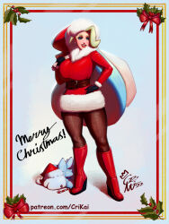 Rule 34 | 1girl, 1other, belt, black gloves, blonde hair, blue eyes, boots, breasts, brown belt, brown pantyhose, candy, candy cane, christmas, christmas card, comic sans, commentary, creatures (company), crimson kaiserin, curvy, dress, english commentary, eyeliner, eyeshadow, food, full body, fur trim, game freak, gen 8 pokemon, gloves, hair over one eye, hand on own hip, hat, holding, holding sack, huge breasts, knee boots, lips, long hair, long legs, makeup, mature female, melony (pokemon), merry christmas, nintendo, pantyhose, patreon username, pinup (style), platform boots, platform footwear, pokemon, pokemon (creature), pokemon swsh, red dress, red footwear, sack, santa hat, signature, snom, solo focus, standing, thick thighs, thighs, watermark, web address