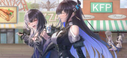 Rule 34 | 5girls, absurdres, animal ears, bare shoulders, black hair, blue hair, blurry, blurry background, breasts, cleavage, closed eyes, clothing cutout, colored inner hair, cup, day, disposable cup, dog ears, dress, drinking straw, fang, fingerless gloves, fuwawa abyssgard, gloves, grey hair, hair ornament, highres, holding, holding cup, hololive, hololive english, horn ornament, horns, jacket, koseki bijou, large breasts, leaning forward, long hair, long sleeves, lying, mococo abyssgard, mole, mole under eye, multicolored hair, multiple girls, nerissa ravencroft, open clothes, open jacket, open mouth, outdoors, pebble (koseki bijou), pinky out, shiori novella, shoulder cutout, smile, split-color hair, standing, two-tone hair, very long hair, virtual youtuber, zolomon (jarvis lin)