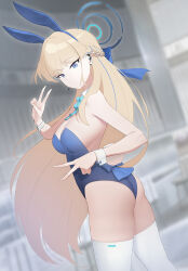 Rule 34 | 1girl, animal ears, ass, backless leotard, bare shoulders, blonde hair, blue archive, blue bow, blue bowtie, blue eyes, blue hair, blue hairband, blue leotard, bow, bowtie, braid, breasts, bunpil, commentary request, detached collar, double v, earpiece, earrings, fake animal ears, fake tail, french braid, from side, hairband, halo, highleg, highleg leotard, highres, indoors, jewelry, leotard, long hair, looking at viewer, medium breasts, multicolored hair, official alternate costume, partial commentary, playboy bunny, rabbit ears, rabbit tail, solo, strapless, strapless leotard, streaked hair, stud earrings, tail, thighhighs, toki (blue archive), toki (bunny) (blue archive), v, very long hair, white thighhighs, white wrist cuffs, wrist cuffs