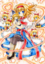 Rule 34 | 1girl, alice margatroid, bad id, bad pixiv id, blonde hair, blue eyes, boots, cameo, capelet, character doll, dessert, doll, dress, female focus, food, funnyfunny, hairband, heart, heart of string, kirisame marisa, marker (medium), pantyhose, ribbon, shanghai doll, sidelocks, solo, touhou, traditional media